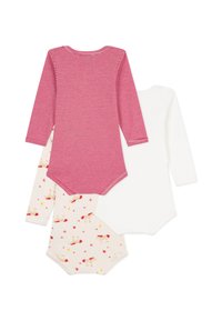Drei Babybodysuits: einer mit roten Streifen, einer einfarbig weiß und einer in Creme mit buntenTiermustern und Sternen. Alle sind aus weicher Baumwolle.