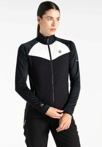 Schwarze Zip-Jacke mit weißen Akzenten auf der Brust, langen Ärmeln und schmaler Passform. Verfügt über einen hohen Kragen und Reißverschlusstaschen. Strapazierfähiger Stoff.