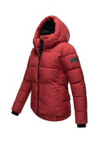 Red padded jacket with a hood, featuring a black zipper, elastic cuffs, and a logo patch on the left sleeve. Smooth texture.