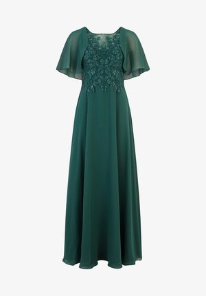 Abito da sera in chiffon verde con maniche a volant corte e un design floreale in perline sul corsetto. Lunghezza fino al pavimento con una texture liscia.