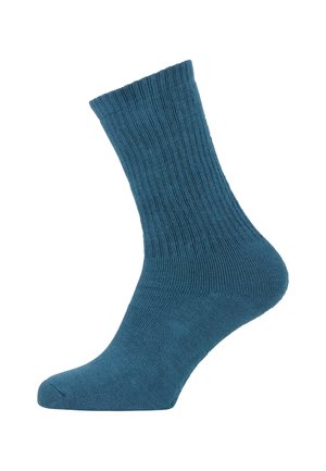 Blauwe katoen sok met ribbelstructuur, gestructureerde boord en versterkte hak, met een gladde teennnaad voor comfort.