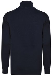 Pull-over en tricot marine avec un col haut, des manches longues et des bords côtelés aux poignets et à l'ourlet. Texture lisse sans motifs ni accents visibles.