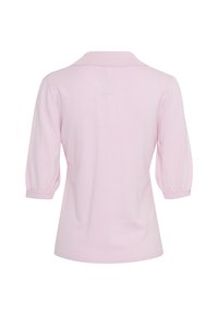 Chemise rose clair à manches courtes avec un large col, des poignets côtelés et un ourlet droit, vue de dos sur fond blanc.