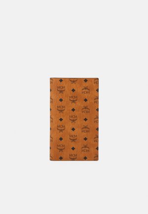Brown wallet featuring a textured finish with an all-over black logo pattern, including diamonds and chains, slim design; rectangular shape.