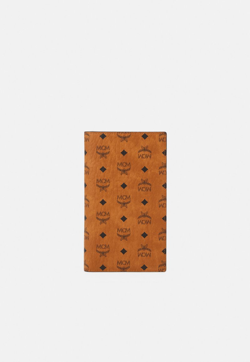 Portefeuille marron avec une finition texturée et un motif logo noir sur l'ensemble, incluant des diamants et des chaînes, design slim ; forme rectangulaire.