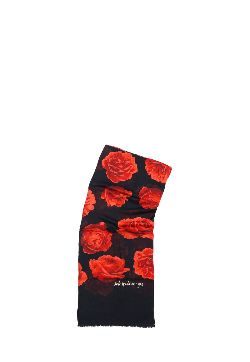 Schwarzer Schal mit roten Rosenmustern; leichtes Material; fransige Kanten; in Weiß am unteren Rand mit "kate spade new york"-Text.