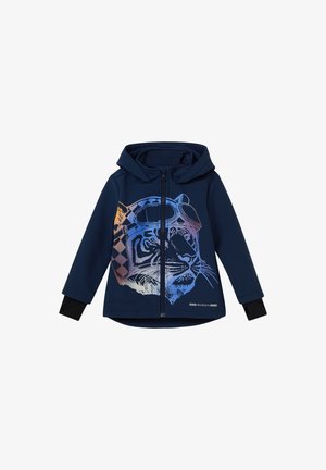 Marinefarbener Zip-Hoodie mit einem Tiger-Graphic in einem mehrfarbigen Farbverlauf, ausgestattet mit einer Kapuze und schwarzen Bündchen, aus weichem Stoff gefertigt.