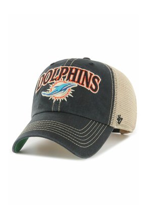 Baseball cap with black front, beige mesh back, "DOLPHINS" text, and a blue dolphin logo in the center front.