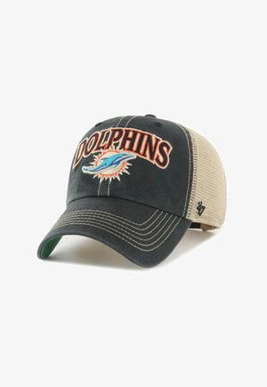 Cappellino da baseball con parte frontale nera, retro in rete beige, scritta "DOLPHINS" e logo di un delfino blu al centro davanti.