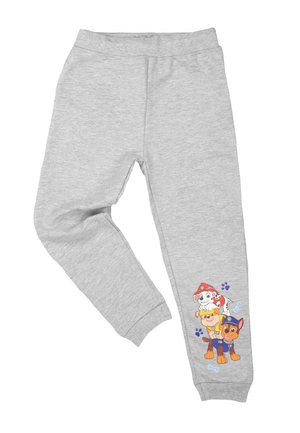 Pantaloni felpati grigi in cotone con vita elasticizzata, caratterizzati da una grafica colorata di cani cartoon sulla gamba sinistra e dettagli a impronta di zampe.