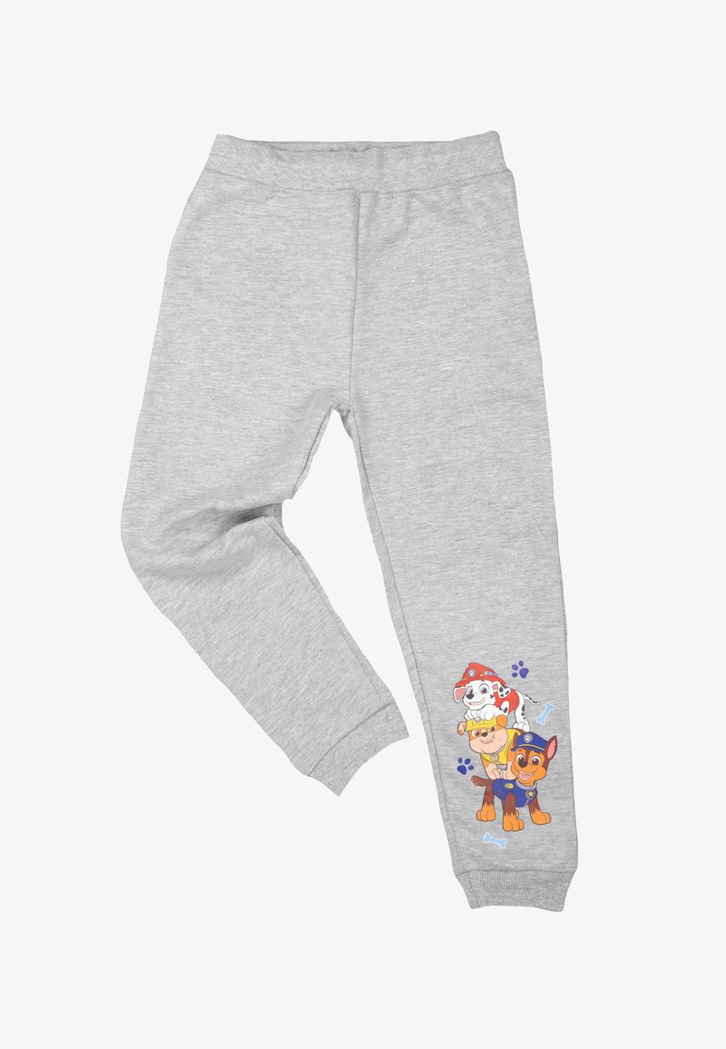 Pantaloni felpati grigi in cotone con vita elasticizzata, caratterizzati da una grafica colorata di cani cartoon sulla gamba sinistra e dettagli a impronta di zampe.
