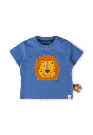 Blaues Kurzarm-Toddler-Shirt mit einer applizierten, lächelnden orangefarbenen Löwengesicht und zwei Schulterknöpfen für einfaches Anziehen.