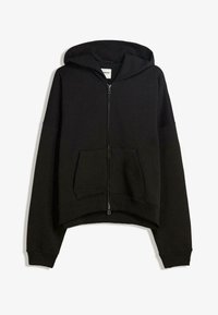 Black zip-up hoodie made of cotton blend, featuring a large hood, front pocket, and ribbed cuffs with a cropped design.