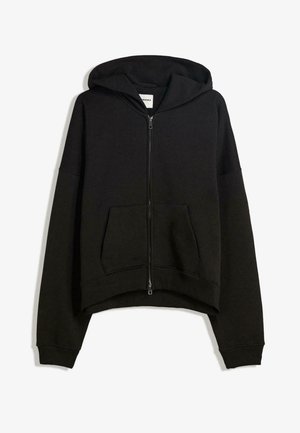 Svart zip-up hoodie i bomullsblandning, med stor huva, framficka och ribbade muddar i en kortad design.