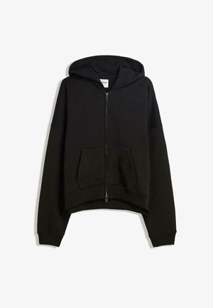 Black zip-up hoodie made of cotton blend, featuring a large hood, front pocket, and ribbed cuffs with a cropped design.