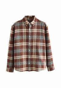 Camicia a quadri rosso e marrone, con colletto, maniche lunghe e una texture morbida, con accenti bianchi e blu nel motivo.