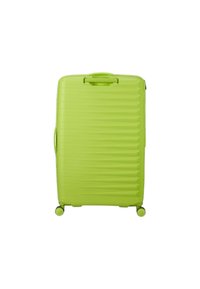 Valigia verde rigida con texture a righe verticali, manico robusto e quattro ruote per una facile mobilità.