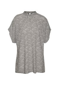 Blusa a maniche corte con un motivo texturizzato crema e marrone, caratterizzata da un collo alto e un design morbido.