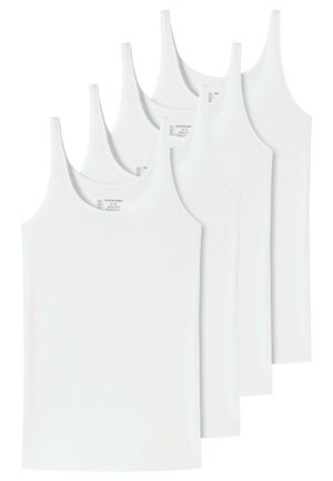 Set van vier witte katoenen tanktops met dunne banden, met een gladde textuur en een klassiek, recht gesneden ontwerp.