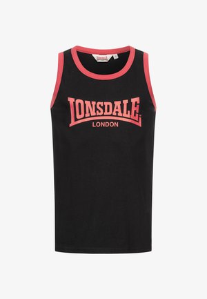 Fekete ujjatlan trikó piros szegéllyel és a mellkason piros színnel nyomtatott "Lonsdale London" felirattal, belső nyakrészen közepes méretjelzéssel.