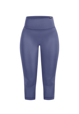 Lila, enganliegende Capri-Leggings aus einem glatten, dehnbaren Material, mit einem hohen Bund und nahtlosem Design für Komfort und Bewegungsfreiheit.
