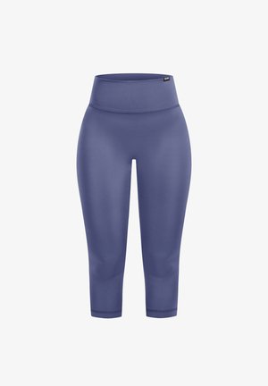 Lila, enganliegende Capri-Leggings aus einem glatten, dehnbaren Material, mit einem hohen Bund und nahtlosem Design für Komfort und Bewegungsfreiheit.