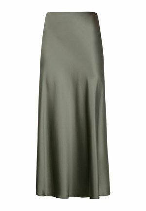 Satin olivengrøn midi-nederdel med en glat tekstur, udfordret silhuet og en bred talje. Ingen synlig hardware eller detaljer.