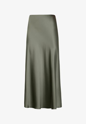 Satin midi-Rock in Olivgrün mit glatter Textur, ausgestellter Silhouette und breitem Bund. Keine sichtbaren Beschläge oder Akzente.