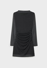 Schwarzes langärmliges Kleid mit weißen Polka-Dots, drapiertem Rücken und glattem Material. Einfacher Kragen und entspannter Schnitt.