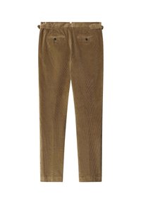 Bruine corduroy broek met een getailleerd ontwerp, voorzien van een vlakke voorkant, twee achterzakken met knopen en riemlussen. Gestructureerde stof met verticale ribbels.