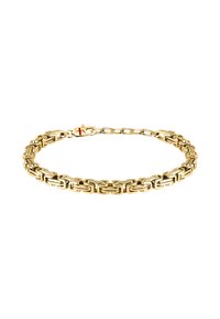Bracciale in oro con maglie rettangolari e finitura lucida, dotato di una chiusura decorata con un accento rosso e argento.