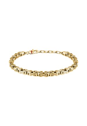 Bracciale in oro con maglie rettangolari e finitura lucida, dotato di una chiusura decorata con un accento rosso e argento.