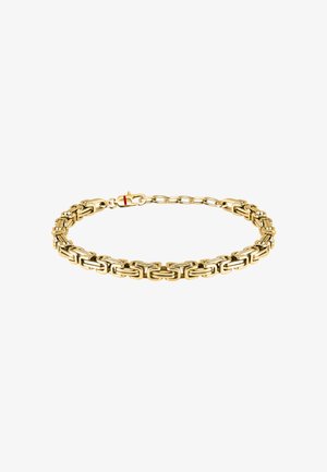 Bracciale in oro con maglie rettangolari e finitura lucida, dotato di una chiusura decorata con un accento rosso e argento.
