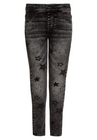 Jeans de mezclilla negra con un patrón de estrellas, corte ajustado, cinco bolsillos y un lavado deslavado para un aspecto texturizado.