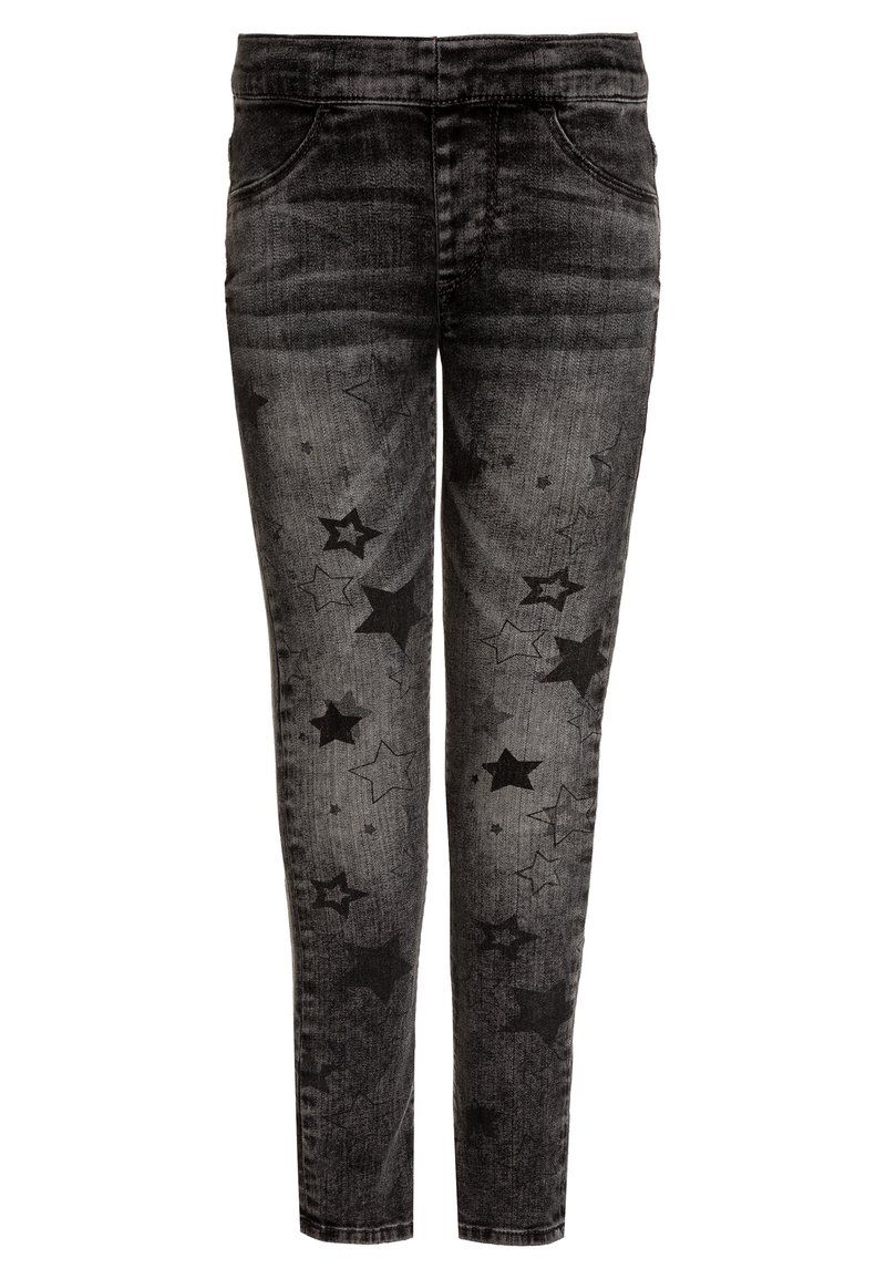 Jeans de mezclilla negra con un patrón de estrellas, corte ajustado, cinco bolsillos y un lavado deslavado para un aspecto texturizado.