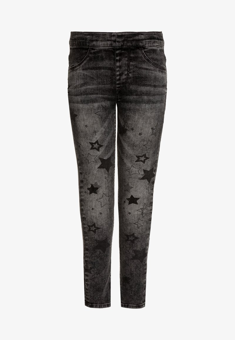 Jeans de mezclilla negra con un patrón de estrellas, corte ajustado, cinco bolsillos y un lavado deslavado para un aspecto texturizado.