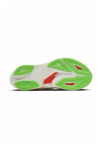 Sole of a running shoe featuring a white base, bright green and red accents, textured surface, and contoured shape for traction.
