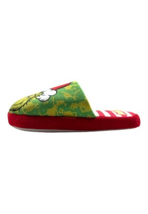 Chaussons verts et jaunes avec une texture douce, bord rouge et un graphique de dessin animé sur le dessus. Semelle plate avec un design rembourré.