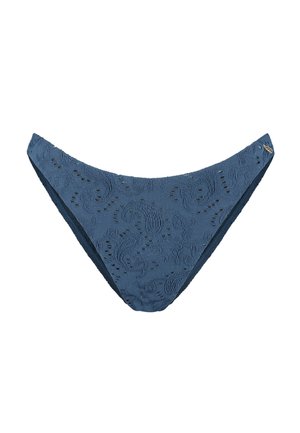 Blauwe kanten bikinibroekje met een ingewikkeld kronkelpatroon, lage taille en elastische tailleband. Zachte textuur en gevoerde randen voor comfort.