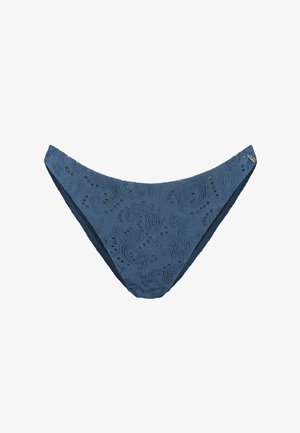 Blauwe kanten bikinibroekje met een ingewikkeld kronkelpatroon, lage taille en elastische tailleband. Zachte textuur en gevoerde randen voor comfort.