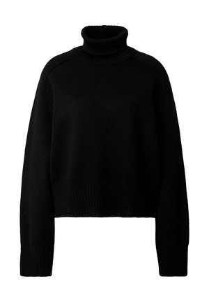 Schwarzer, kürzerer Rollkragenpullover mit geripptem Kragen und Saum. Verfügt über lange Ärmel und eine lockere Passform. Hergestellt aus weichem Strickmaterial.