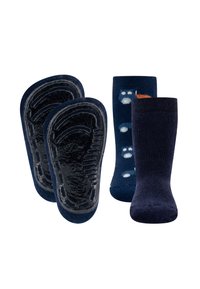 Granatowe skarpetki z teksturowaną podeszwą i wzorzystymi akcentami. Zawiera dwa style skarpetek: jedne w kropki, a drugie w jednolitym kolorze.