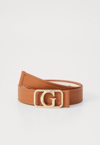 Ceinture en cuir tan avec une boucle rectangulaire dorée à tonalité stylisée en forme de 'G'. Texture lisse, longueur ajustable grâce à la boucle de ceinture.