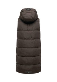 Gilet rembourré marron avec capuche, présentant de larges rayures horizontales, une texture lisse et un matériel ajustable au niveau du cou.