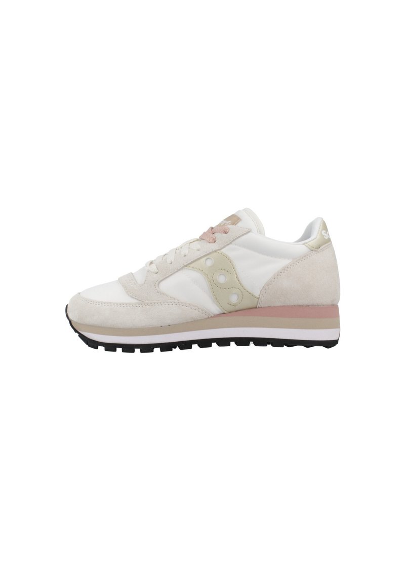 Sneaker bianche e beige realizzate in materiali scamosciati e sintetici, con accenti rosa e una suola in gomma testurizzata per una migliore aderenza.