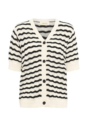 Cardigan tricoté noir et blanc à manches courtes, avec un motif en vagues, un col en V et cinq boutons noirs sur le devant.