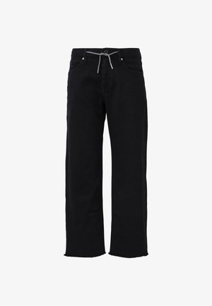 Schwarze Jeanshose mit weitem Bein, fransigem Saum, kontrastierendem Kordelzug und standardmäßigen Gürtelschlaufen. Hergestellt aus weichem, strapazierfähigem Stoff.