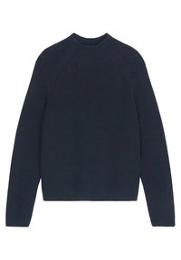 Maglione lavorato a maglia blu navy con scollatura alta, maniche lunghe e texture a coste. Presenta maniche raglan e orlo corto.