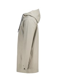 Light beige waterproof jacket with a hood, adjustable drawstring, straight cut, and side pockets. Smooth texture and minimal stitching details.