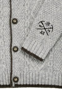 Gray knitted cardigan with textured cable design, brown accents along the button placket and cuffs, and an embroidered logo on the sleeve.
